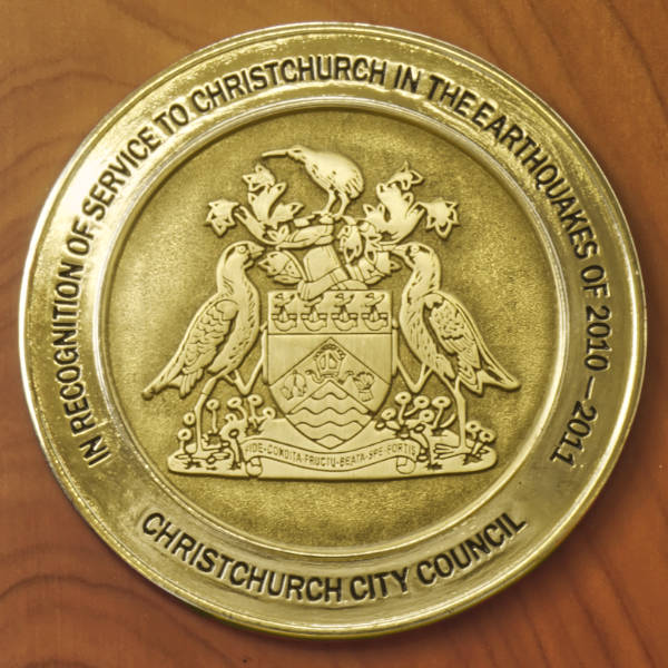 Award from the city of Christchurch in recognition of Ross Galt's service during the earthquakes of 2010 - 2011